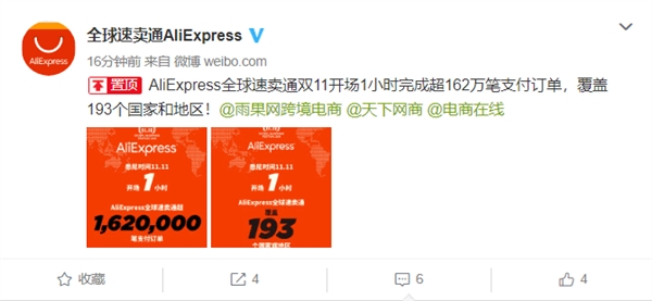 AliExpress全球速卖通双11 1小时完成超162万笔支付订单