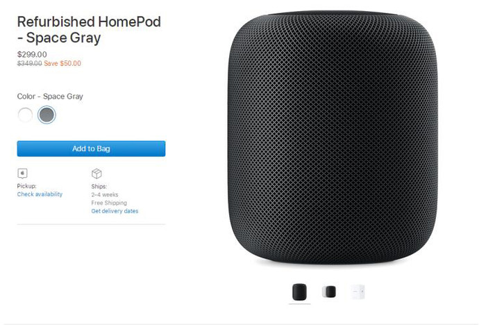 苹果在美开售翻新版HomePod：比原价便宜50“刀”