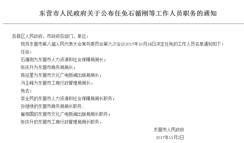 通知如下:任命:石循刚为东营市人力资源和社会保障局局长;张庆升为东