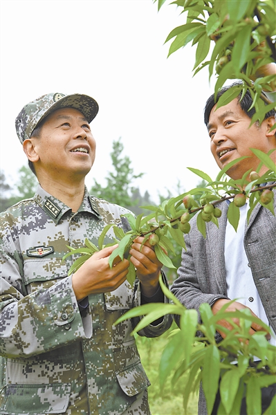 4月27日,赵克信(左)在高畈村与村民察看油桃长势情况.孙用平摄