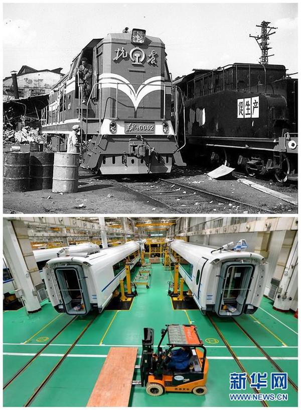 上图:抗震号机车(资料图片);下图:中车唐山公司总装车间一角(7月22日