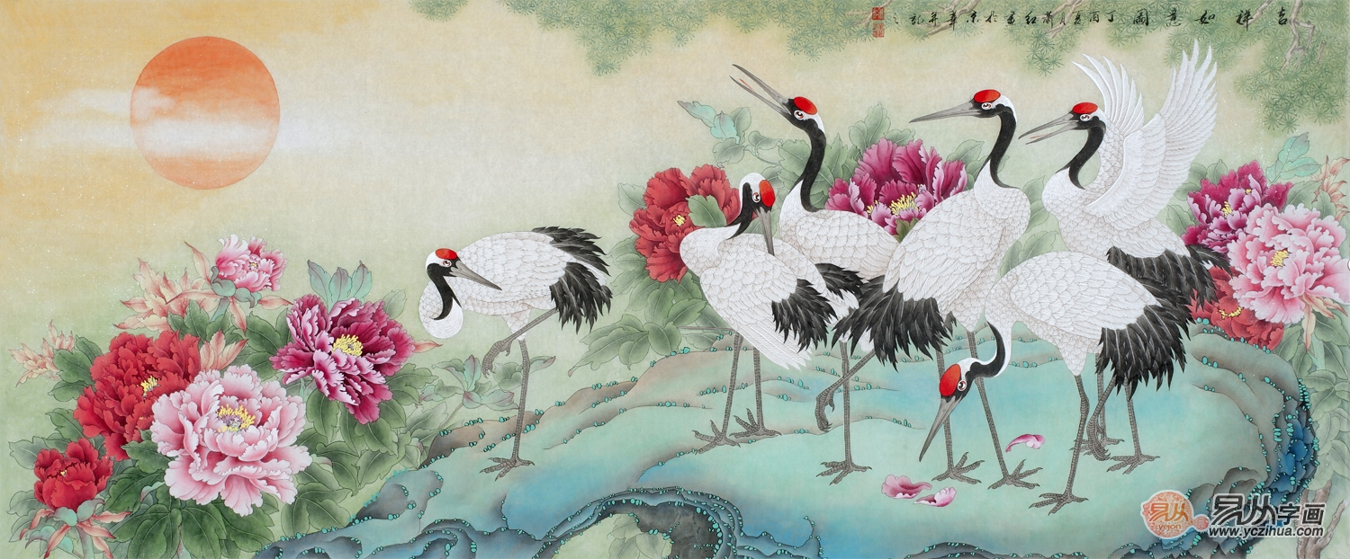 【过节送礼】萧红最新六尺牡丹松鹤图《吉祥如意图》作品出自:易从网