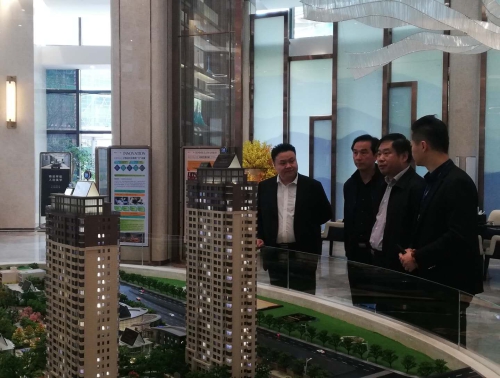 图为许道和局长在"蓝光半岛公馆"销售现场与企业负责人交谈