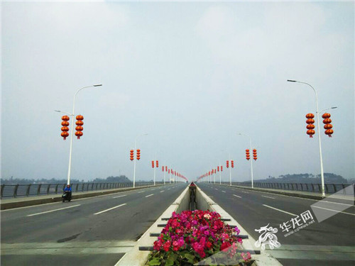 潼南:公路旁植树路灯杆挂装饰 城市美容进行时