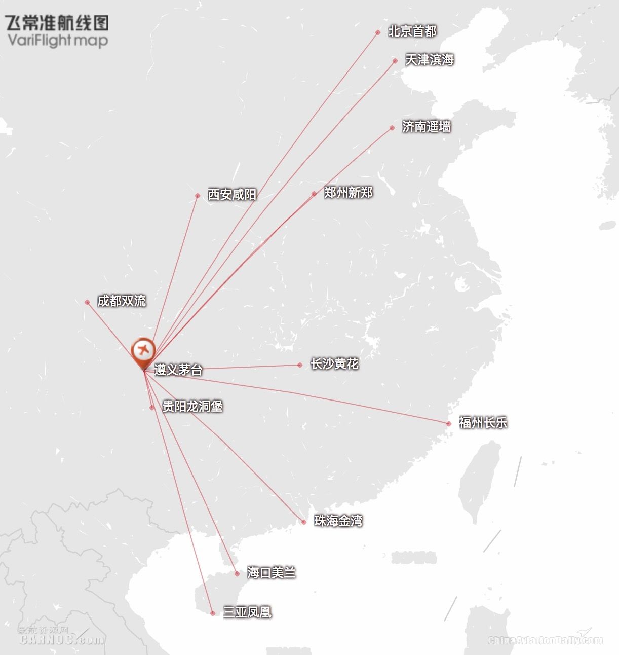 来源:飞常准航线图2017年10月31日贵州遵义茅台机场正式通航
