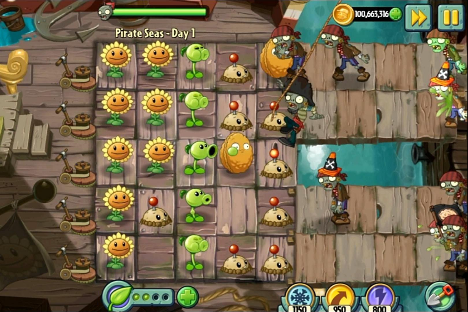 植物大战僵尸2国际版海盗港湾第1天在海盗船甲板上的战斗