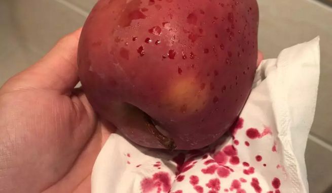 姑娘用热水泡苹果,结果冒出"血珠",真是皇后的毒苹果?