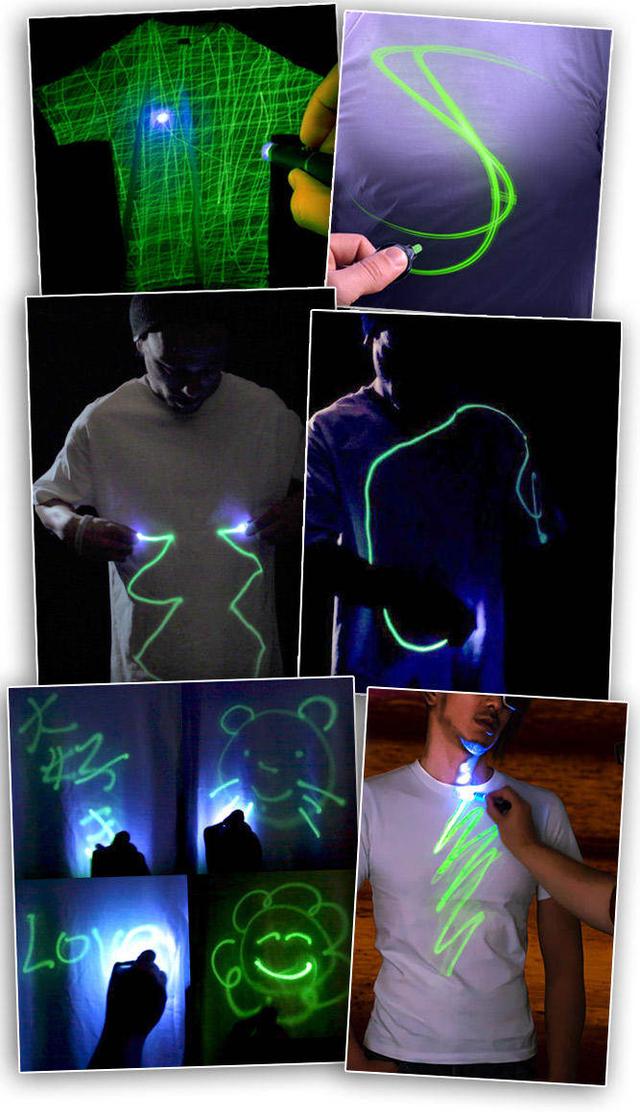 看似普通的白t恤 激光笔一照就泛起荧光 要什么图案自己画