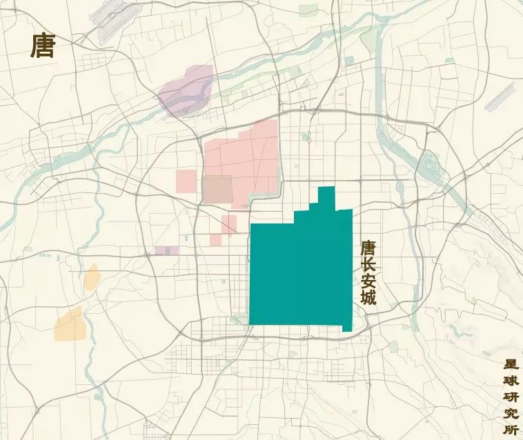 (汉长安城位置示意,淡黄色淡紫色分别为西周,秦的都城,制图@刘昊冰