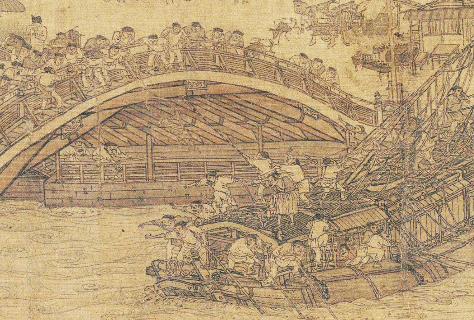 几个纤夫埋头拉纤,忘了招呼船工放下桅杆,眼看大船马上就要撞桥了!