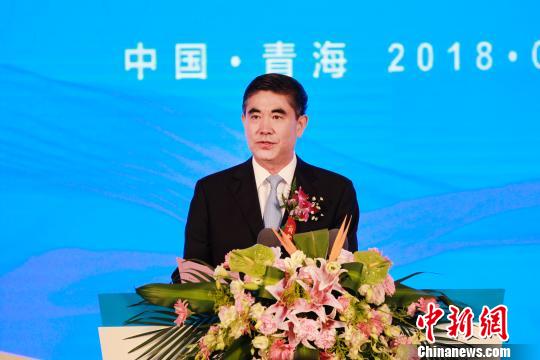 图为2018中国青海"青洽会"开幕式现场,青海省委书记,省长王建军致辞.