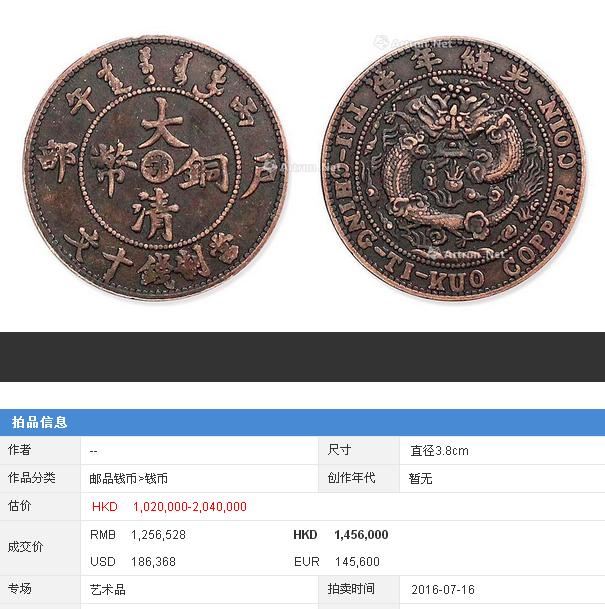 大清铜币价格高达125万