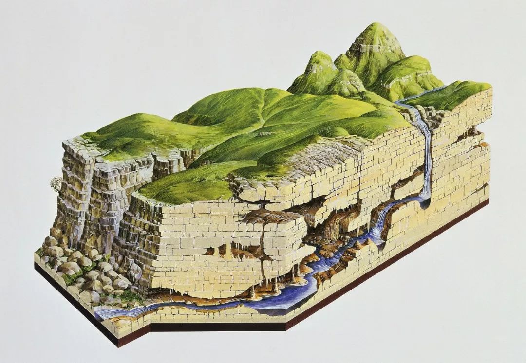与此同时 地下的溶蚀也不容小觑 它制造出巨大的 溶洞(溶洞示意图