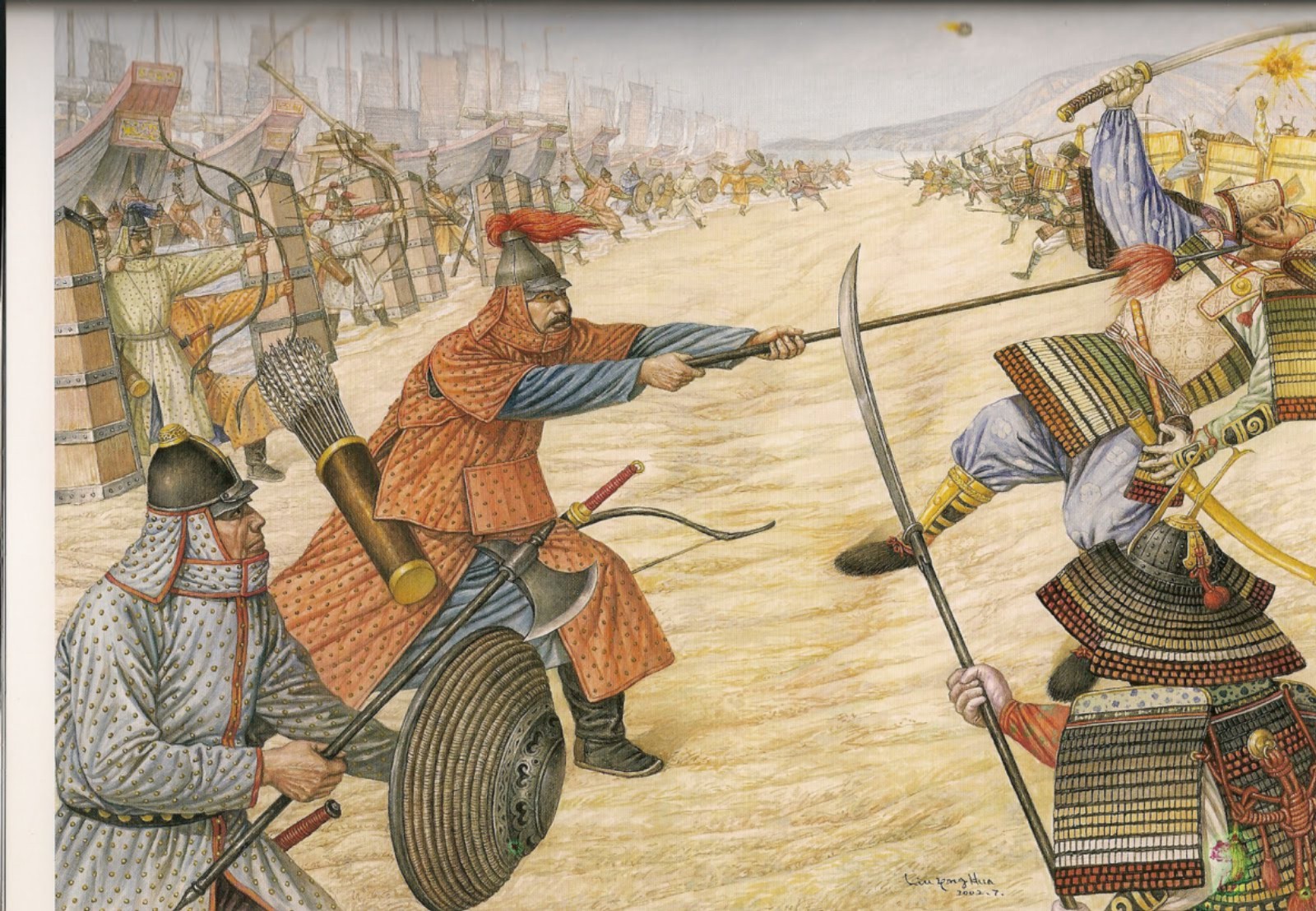 金方庆统高丽军一万人,加上高丽方面征调的水手一万七千余人,乘坐九百