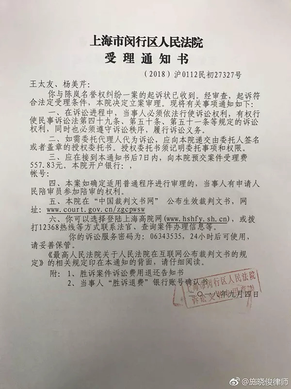 在上海市閔行區人民法院起訴作家陳嵐名譽侵權,當天法院已經立案受理